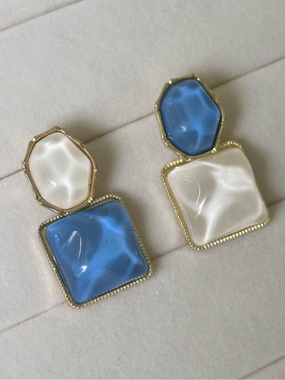 Vintage Blue and White Asymmetric Geometric Drop Earrings with Gold Trim